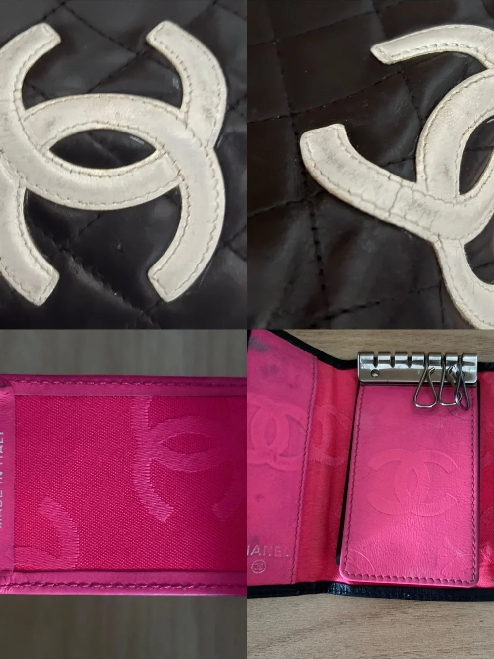 VTG CHANEL CAMBON Black Leather Key Case White CC Pink Interior Box Auth Card